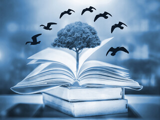 Poster - an abstract fantasy image opens an old book with birds flying out of the book as birds flying to the