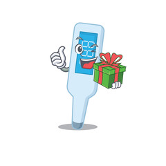 Poster - digital thermometer cartoon character concept with a big gift box