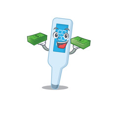 Sticker - A wealthy digital thermometer cartoon character having much money on hands