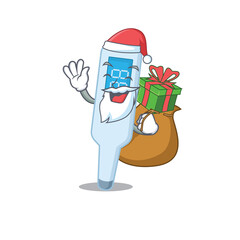 Sticker - Cartoon design of digital thermometer Santa having Christmas gift