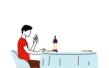 Sticker - Man sitting at restaurant table with wine and plates vector design