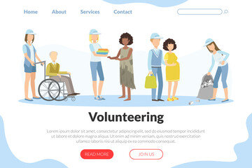 Volunteering Landing Page Template, People Taking Part in Volunteer Organization or Movement, Helping Elderly and Needy, Cleaning Garbage Vector Illustration