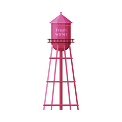 Fresh Water Industrial Construction, Pink Tower, Liquid Storage Tank, Countryside Life Object Flat Vector Illustration on White Background