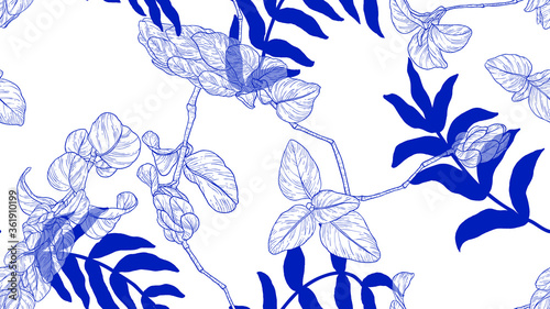 Floral seamless pattern, vintage leaves and flowers line art ink drawing in b...