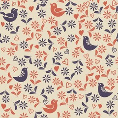 Wall Mural - Vector colorful pattern with birds and flowers, retro style, floral backdrop. Spring, summer flower design for web, wrapping paper, cover, textile, fabric, wallpaper