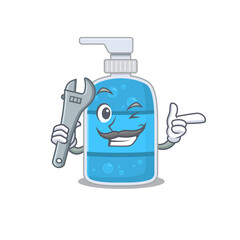 Sticker - A caricature picture of hand wash gel working as a mechanic