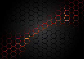 Black Hexagonal Pattern on Red Magma Background - Abstract Illustration with Glowing Effects, Vector