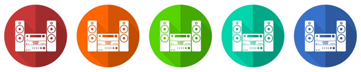 Aufkleber - Music, stereo equipment icon set, red, blue, green and orange flat design web buttons isolated on white background, vector illustration