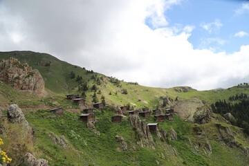 wooden highland houses in mountain village.artvin/turkey