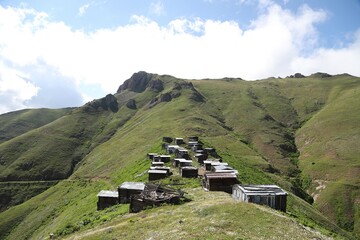 wooden highland houses in mountain village.artvin/turkey