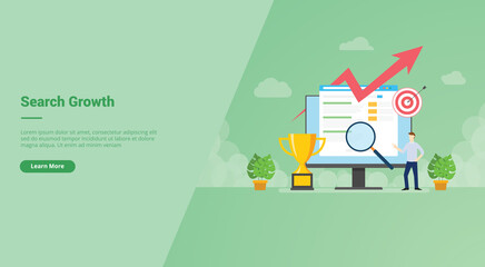 Poster - Man in front big screen search growth to achieve target campaign for web website home homepage landing template banner with cartoon style.