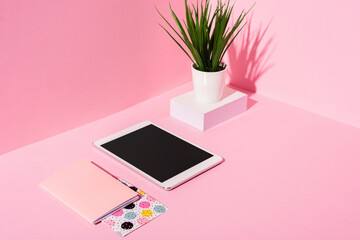 Poster - digital tablet with blank screen, notebooks, plant on pink background