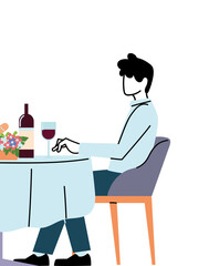 Sticker - Man sitting at restaurant table with wine and flowers vector design