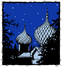 Russian Onion Domes Under A Starry Night Sky, In A Woodcut Or Linoleum Cut Style