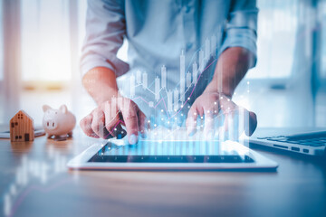 Poster - business finance technology and investment concept. Stock Market Investments Funds and Digital Assets. businessman analysing forex trading graph financial data. Business finance background.