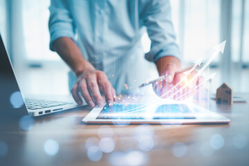 Poster - business finance technology and investment concept. Stock Market Investments Funds and Digital Assets. businessman analysing forex trading graph financial data. Business finance background.