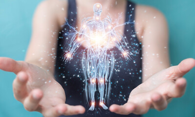 Poster - Woman using digital x-ray human body holographic scan projection 3D rendering