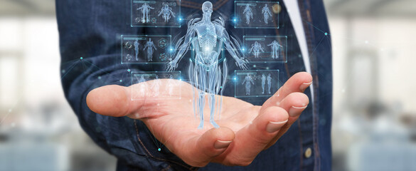 Poster - Man using digital x-ray human body holographic scan projection 3D rendering