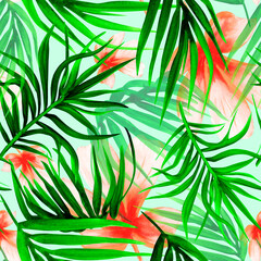 Wall Mural - tropical greenery seamless pattern with coconut leaves and plumeria flowers