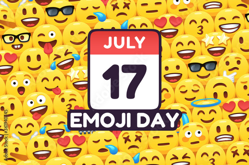 Fotografía Happy Emoji Day 17 July, calendar icon on funny yellow emoticon faces background