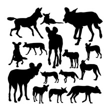Lycaon African Wild Dog Silhouettes. Good Use For Symbol, Logo, Mascot, Sign, Or Any Design You Want.
