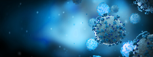 Poster - Microscopic close-up of the covid-19 disease. Coronavirus illness spreading in body cell. 2019-nCoV analysis on microscope level 3D rendering