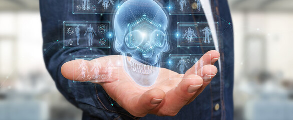 Poster - Man using digital x-ray skull holographic scan projection 3D rendering