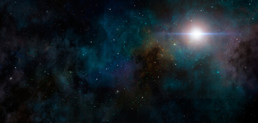 Wall Mural - space background. colorful nebula with star field and sun. elements furnished by nasa. 3d rendering