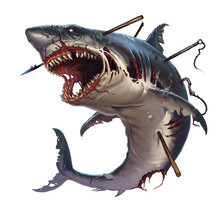 Great White Shark Zombie Attacks In A Jump. A Giant Zombie Shark Attacks Jumping Out Of The Sea Into Halloween.