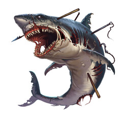 Great white shark zombie attacks in a jump. A giant zombie shark attacks jumping out of the sea into Halloween.