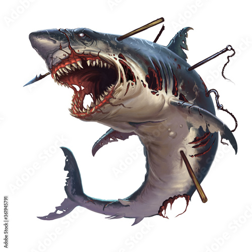 Photographie Great white shark zombie attacks in a jump