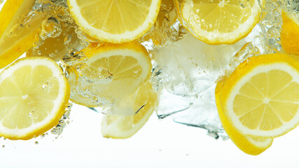 Poster - Lemon Slices falling deeply under water on white