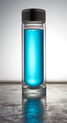 Transparent glass bottle with black lid. With blue liquid.