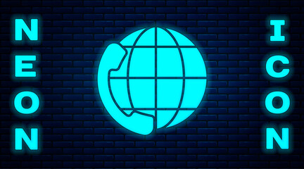 Poster - glowing neon telephone 24 hours support icon isolated on brick wall background. all-day customer sup