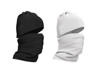 Wall Mural - Buffs worn on the head and face. Hat and scarf mask. Sportswear, hat. 3d realistic illustration of clothes. Black and white mock-up, template isolated on white background.