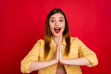 Poster - Please. Photo of attractive crazy lady good mood hold join arms together addicted shopper want visit one more store wear casual yellow blazer jacket isolated vivid red color background