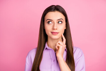 Poster - Close-up portrait of her she nice attractive pretty lovely cute winsome lovable dreamy long-haired girl overthinking isolated over pink pastel color background