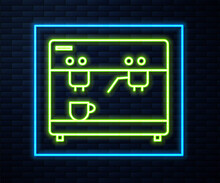 Glowing Neon Line Coffee Machine Icon Isolated On Brick Wall Background. Vector Illustration.