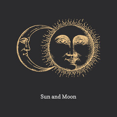 Wall Mural - Sun and Moon, hand drawn in engraving style.Vector