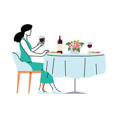 Sticker - Woman sitting at table with wine plates and flowers vector design