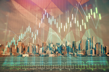 Forex chart on cityscape with skyscrapers wallpaper double exposure. Financial research concept.