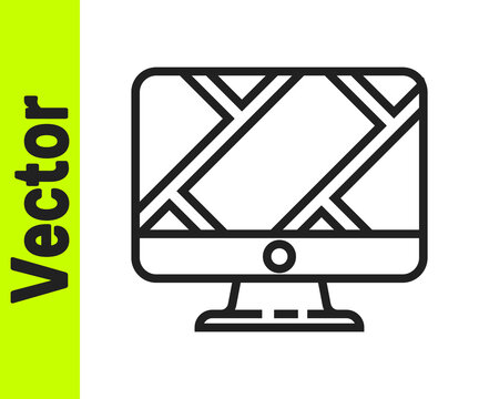 Black line Computer monitor and folded map with location marker icon isolated on white background. Vector Illustration.