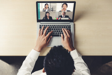 Video call business people meeting on virtual workplace or remote office. Telework conference call using smart video technology to communicate colleague in professional corporate business.