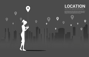 Aufkleber - Silhouette of man with mobile and GPS icon with city background. concept of location and facility place , GPS technology