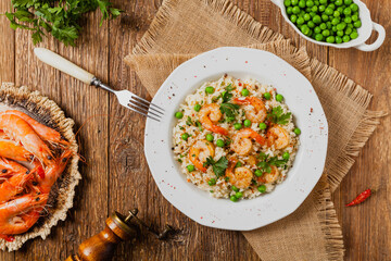 Wall Mural - Risotto With Shrimp. Flat lay.