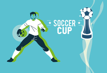 Canvas Print - Soccer goalkeeper player man with ball and trophy vector design