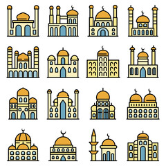 Canvas Print - Mosque icons set. Outline set of mosque vector icons thin line color flat on white