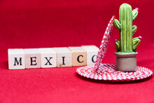 Wood Type Letters And A Cactus On Red Background