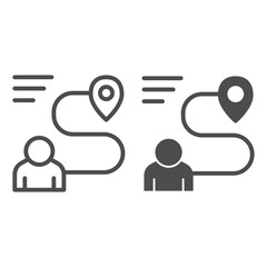 Poster - Person with distance and location marker line and solid icon, Navigation concept, travel route with marker pin sign on white background, Human navigation icon in outline style. Vector graphics.