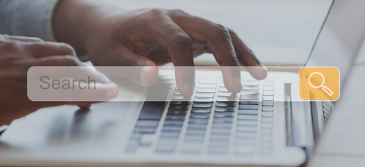Poster - African american businessman browsing on laptop in office, closeup, collage